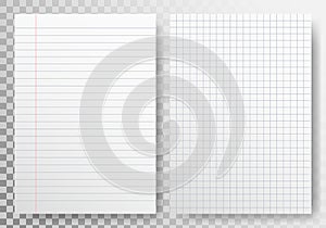 Paper lines template on transparent backdrop. Realistic sheet blank. Paper set with shadow. Note book page. Checkered