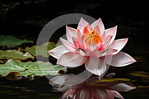 a paper lotus flower floating on a serene koi pond