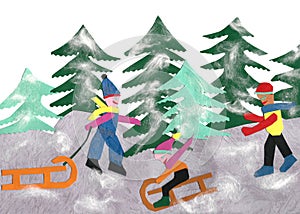 Paper made winter landscape with tobogganing children