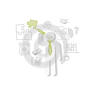 Paper man, puzzles, and business graphics. Marketing concept