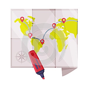 Paper Map with Highlighter and Destination Points as Travel and Tourism Symbol Vector Illustration