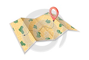 Paper map with red point. Local street gps navigate. City route navigation to marker. Geography distance plan. Vector