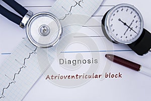 Paper medical release form with diagnosis of Atrioventricular block from category Cardiac arrhythmia diseases with ECG and stethos