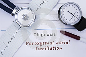 Paper medical release form with diagnosis Paroxysmal atrial fibrillation from category Cardiac arrhythmia diseases with ECG and st photo