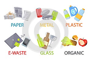 Paper Metal Plastic Glass Organic and E-waste Set