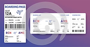 Paper and mobile boarding pass. Responsive design of air ticket. Airline data card mockup. Flight check-in document template.