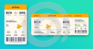 Paper and mobile boarding pass. Responsive design of airline ticket. Passenger travel data card mockup. Flight check-in