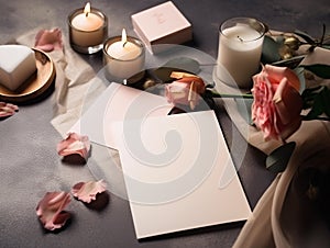 Paper mockup with pink blossom roses and candles. Bloom floral for template of flat wedding invitation card. Generative AI