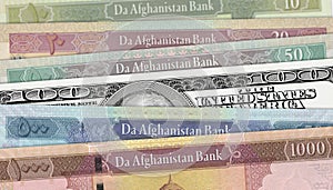 Paper money from Afghanistan. Afghan afghani. Close up banknotes from Afghanistan. Afghan currency 3D render