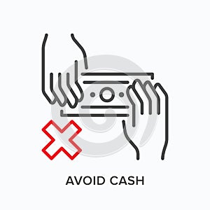 Paper money avoid line icon. Vector outline illustration of two hands with banknote. No cash payment sign, pictorgam for
