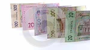 Paper money different denominations, Ukrainian hryvnia in denominations 20, 50,100, 200, 500 hryvnias, new money, isolated on whit