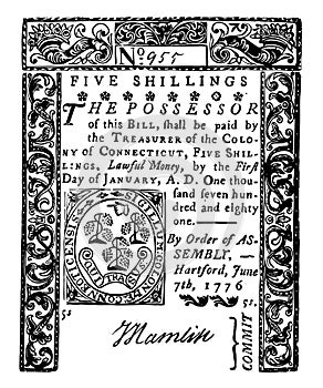 Paper Money, Five Shillings, 1776 vintage illustration photo