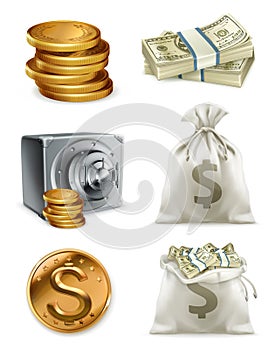 Paper money and gold coin, moneybag. Vector icon set photo