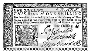 Paper Money, One Shilling Bill, 1776 vintage illustration