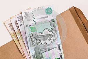 Paper money of the Russian Federation. A stack of banknotes for payments of pensions, wages