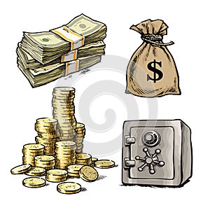 Paper money, stack of coins, sack of dollars, bank safe