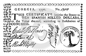 Paper Money, Ten Dollars Bill, 1776 vintage illustration