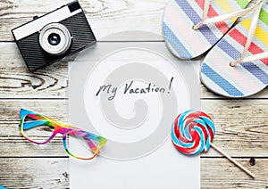 Paper My Vacation, camera, glasses, lollipop and sandals