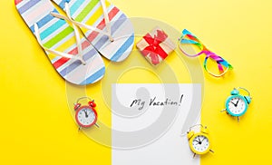 Paper My Vacation, gift, glasses, alarm clocks and sandals