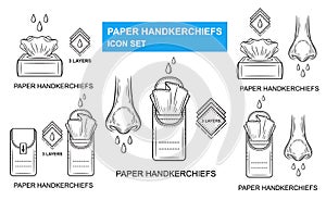 Paper napkins tissues box, disposable handkerchief for runny nose skin hygiene line icon. Dry clean wipes package. Towel pack for