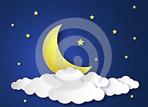 Paper night sky. Paper art origami style, clouds and crescent moon, stars midnight landscape, fantasy kids design