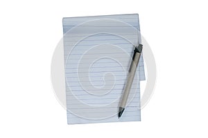 Paper notebook and pen isolated on white background.