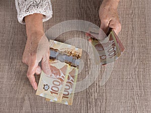 Paper notes from Canada. Dollar.. Top view of old woman`s hand handling bills