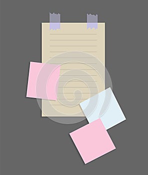 Paper notes stickers. Place for memo messages on paper sheets. Blank sticky place for to do list and office notice or