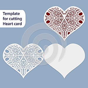 Paper openwork wedding card, heart shape, greeting postcard, template for cutting, lace imitation, gift on Valentine's Day