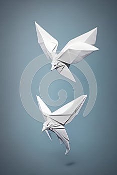 Paper origami birds isolated on blue background. 3d rendering.