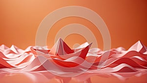 Paper origami boat sailing on abstract sea in peach fuzz color sunset