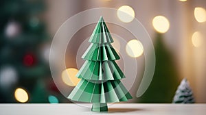 Paper Origami Christmas Tree on Table. Blurred Light on Background. Japanese Art Green New