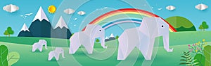 Paper Origami Concept, Elephants elephants family at the watering hole, abstract background composed of white paper clouds and sun