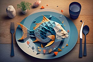 Paper origami fish on a plate, flatlay. Generative AI