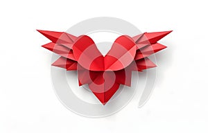 Paper origami redheart with wings on white background