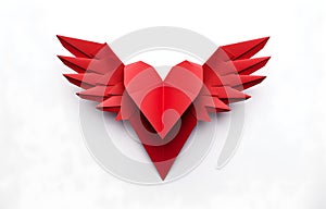 Paper origami redheart with wings on white background