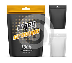 Paper pack with whey creatine powder. Supplement photo