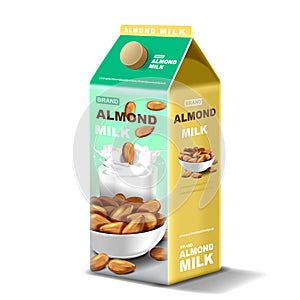 Paper package Almond milk with splashing liquid and seeds on isolated background, vector illustration