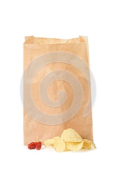Paper package and potato chips isolated on white background. Template. Copyspace
