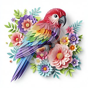 Paper Paradise: Kirigami Parrot Soars Amidst a Floral Fantasy, Isolated on White for Pure Artistry