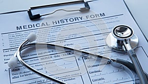 On paper patient health history medical questionnaire form lie doctor diagnostic tools - stethoscope and thermometer. Process of i