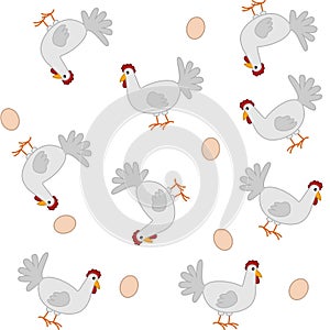 Paper pattern with white chickens and eggs on white background - vector