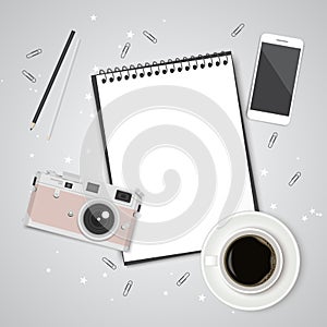 Paper, pencil, phone and coffee on the table. Top view desktop. Vector template for your design