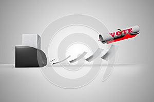 A paper plane carrying a vote through printer demonstrating Mail in vote or absentee voting concept. 3D illustration.