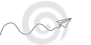 Paper plane continuous one line drawing, minimalism vector illustration. Symbol of creative and travel