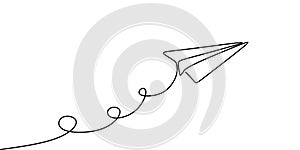 Paper plane continuous one line drawing vector illustration minimalist design isolated on white background