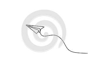 Paper plane continuous single one line art style isolated on white background. The airplane made from paper. Plane flying symbol