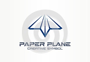 Paper plane creative messenger symbol concept. Letter shaped arrow abstract business communication logo. Contact