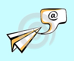 Paper plane delivering mail message in speech bubble. Pop art style sign. Air mail, post letter, delivery service or e-mail