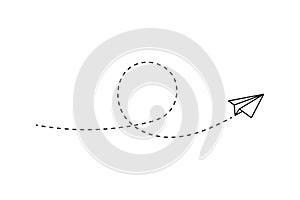 Paper plane with dotted line, paper airplane, travel symbol. Route icon - two points with dotted path and location pin.